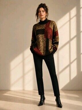 Vintage 80s Black Sweater Gold Red Metallic Mock Neck Retro Color Block Size M